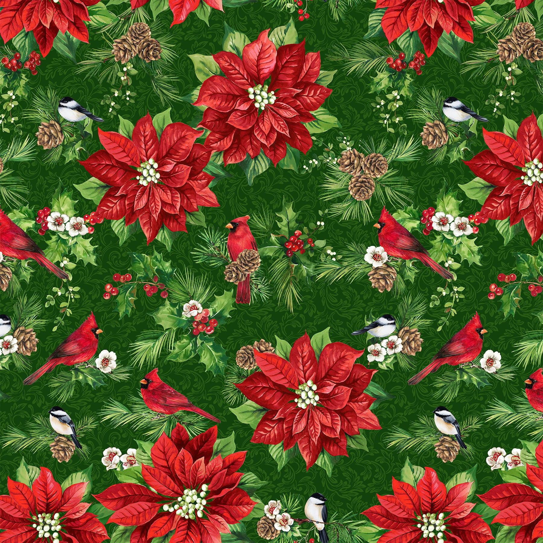 Yuletide Traditions Pointsettia Birds Green Multi Fabric