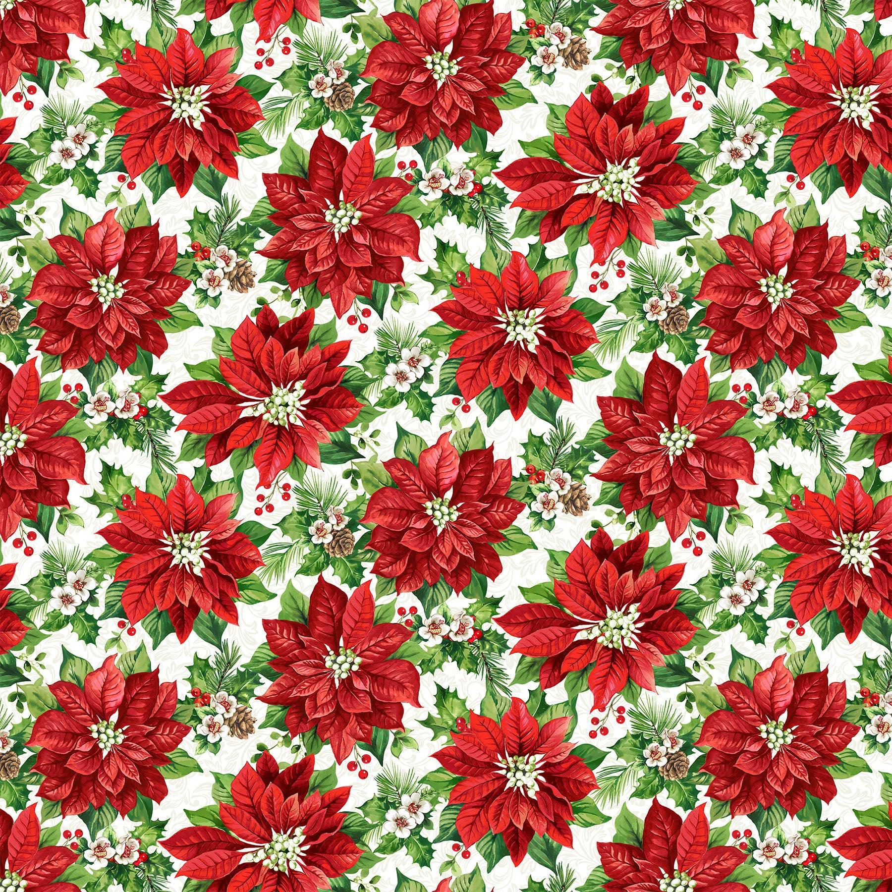Yuletide Traditions Pointsettia Packed White Multi Fabric