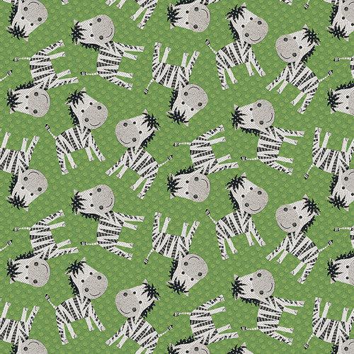 At the Zoo Green Tossed Zebra Fabric-Studio e Fabrics-My Favorite Quilt Store