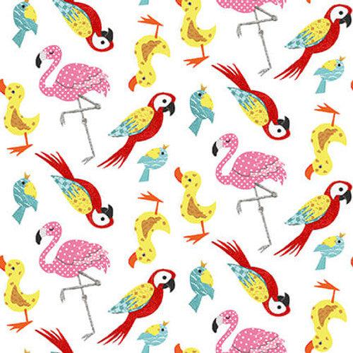 At the Zoo White Tossed Colorful Bird Fabric