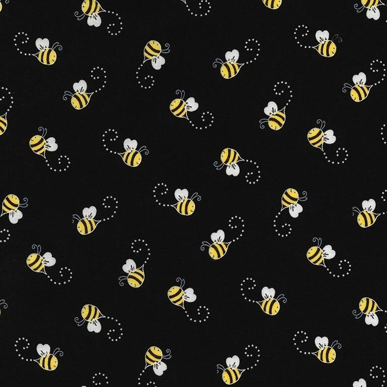 Beeloved Bees on Black Fabric