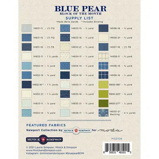 Blue Pear Block of the Month Pattern-Moda Fabrics-My Favorite Quilt Store