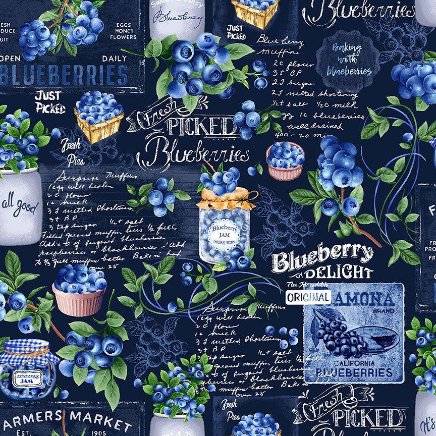 Blueberry Delight Navy Chalkboard Recipe Fabric