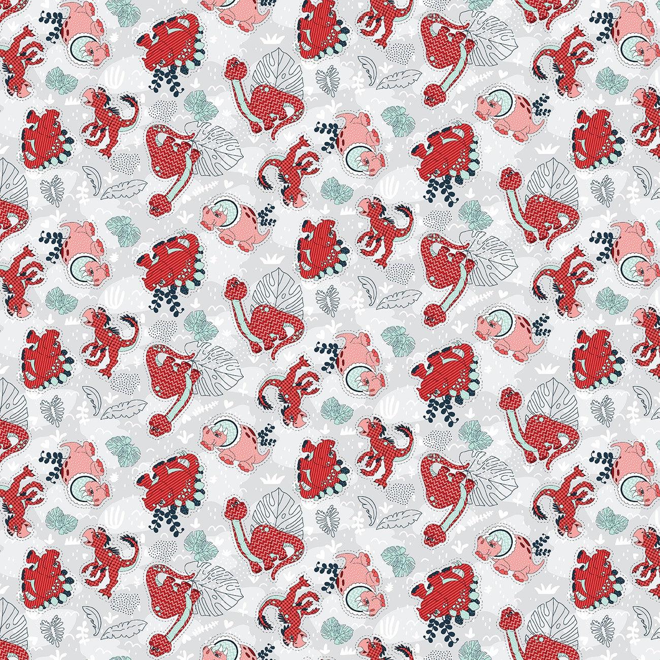 Born to Roar Light Gray Pink And Red Dino Fabric