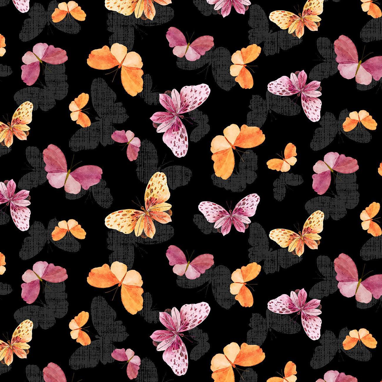 Botanical Magic Black Butterfly Toss Fabric-Wilmington Prints-My Favorite Quilt Store