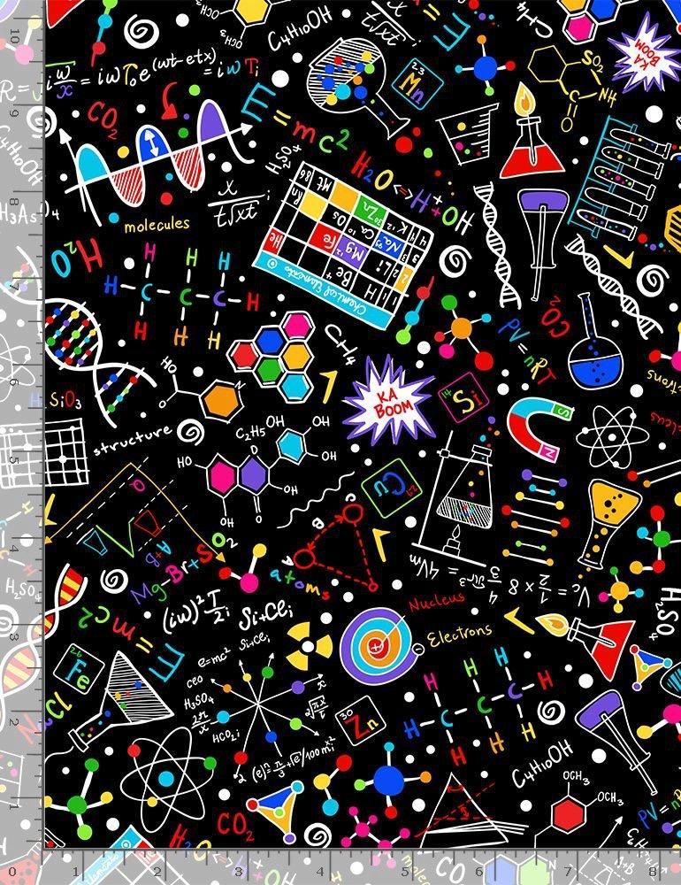 Bright Science Doodles on Black Fabric-Timeless Treasures-My Favorite Quilt Store
