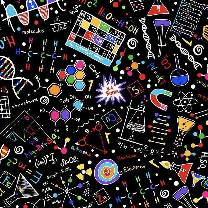 Bright Science Doodles on Black Fabric