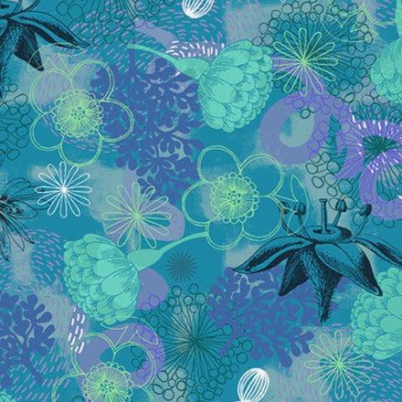 Bright World Aqua Botanical Floral Fabric-Windham Fabrics-My Favorite Quilt Store