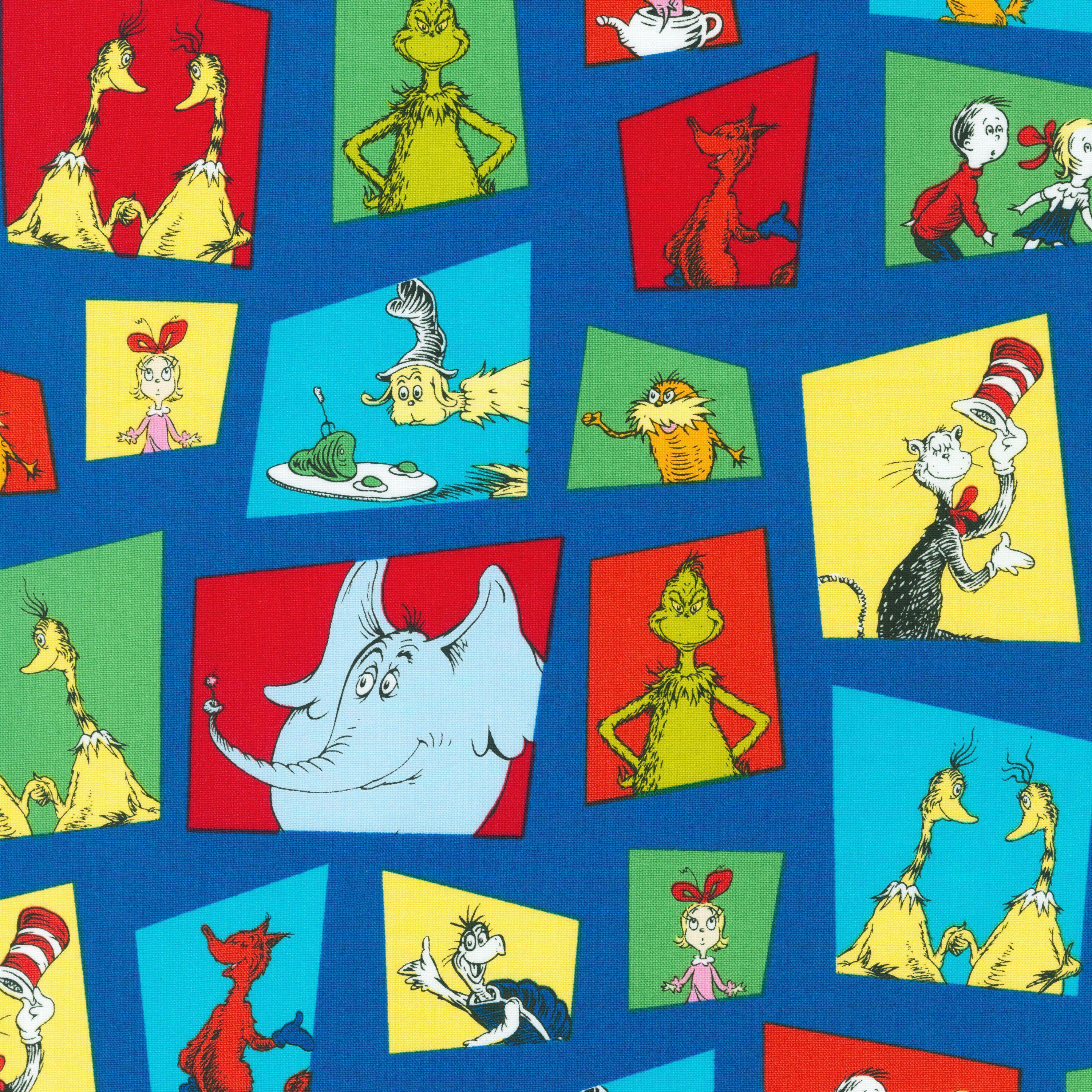 Celebrate Seuss! Blue Character Shapes Fabric-Robert Kaufman-My Favorite Quilt Store