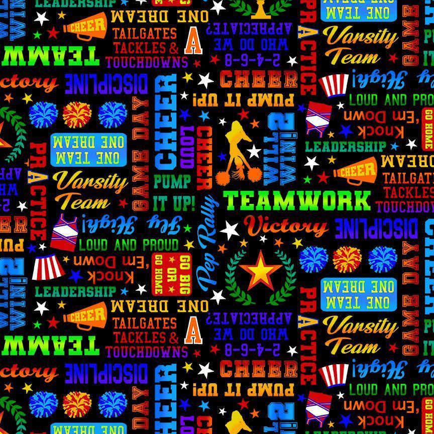 Cheer Squad Black Cheer Words Text Fabric