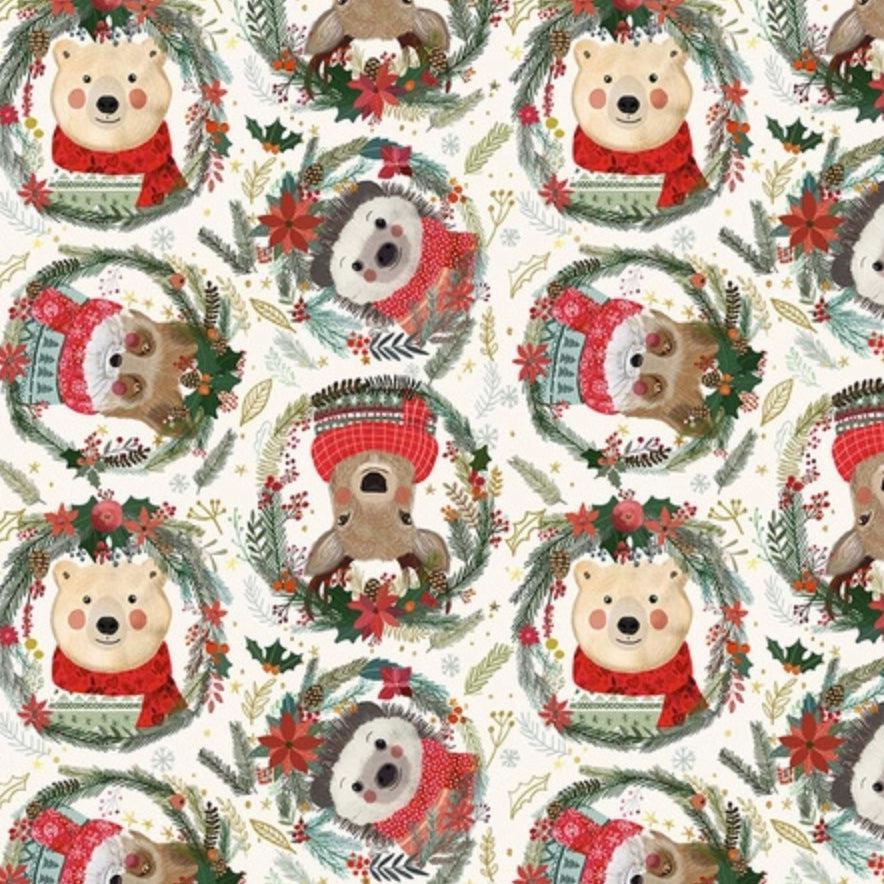 Christmas Squad Ivory Fuzzy Friends Fabric