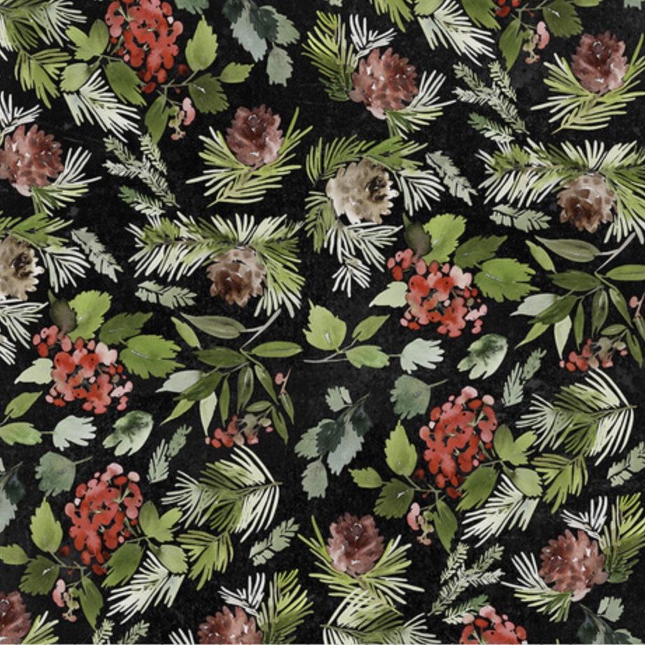 Christmastime Black Evergreen Floral Fabric