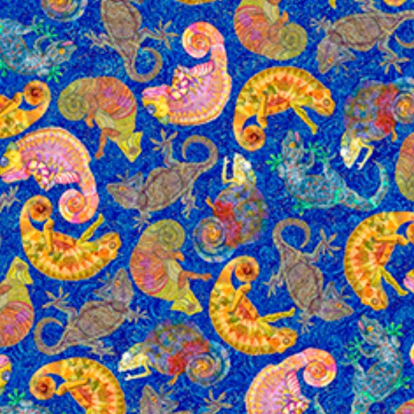 Colorful Chameleons Dark Blue Chameleons Fabric