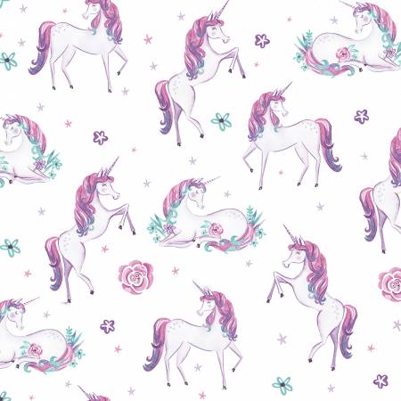 Dreamers White Unicorns Fabric