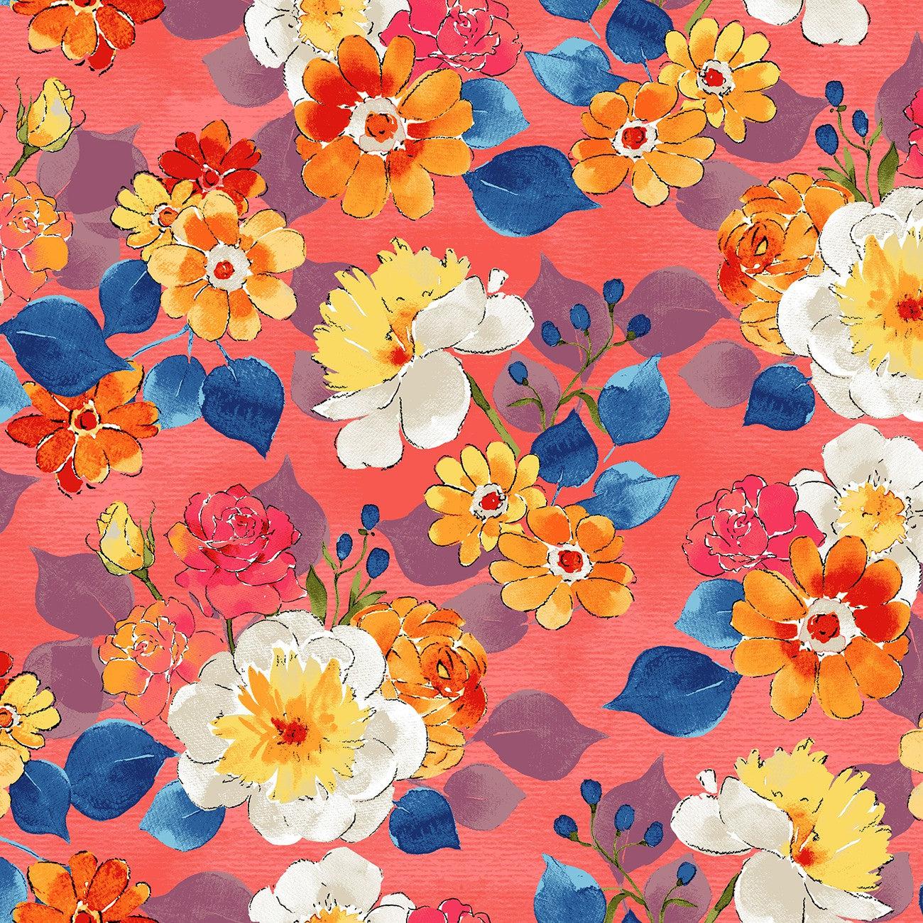 Faith Dark Coral Bouquets Fabric-Clothworks-My Favorite Quilt Store