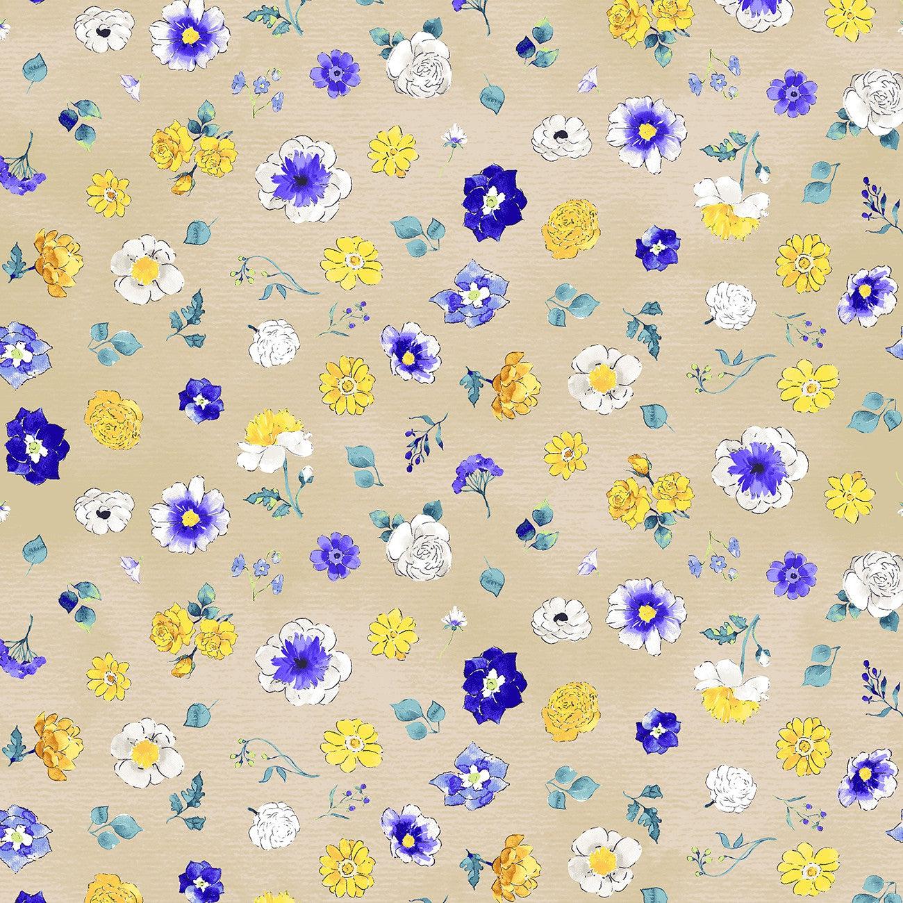 Faith Khaki Tossed Flowers Fabric-Clothworks-My Favorite Quilt Store