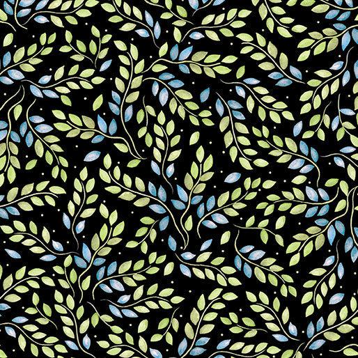 Falling Gnomes Black Leafy Sprigs Fabric