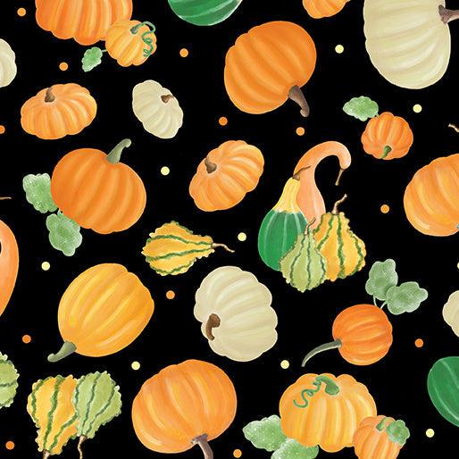 Falling Gnomes Black Pumpkins & Gourds Fabric