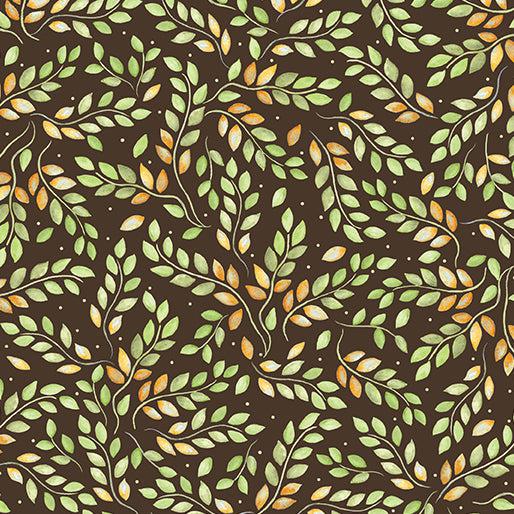 Falling Gnomes Brown Leafy Sprigs Fabric