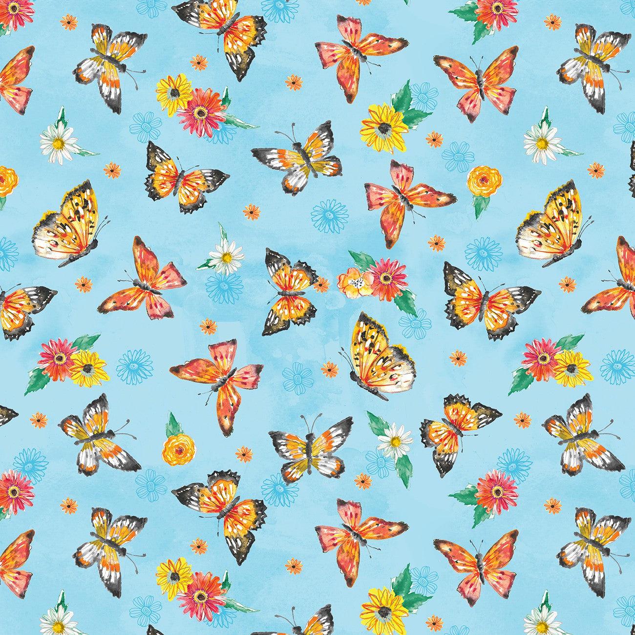 Fanciful Flight  Blue Butterfly Toss Fabric