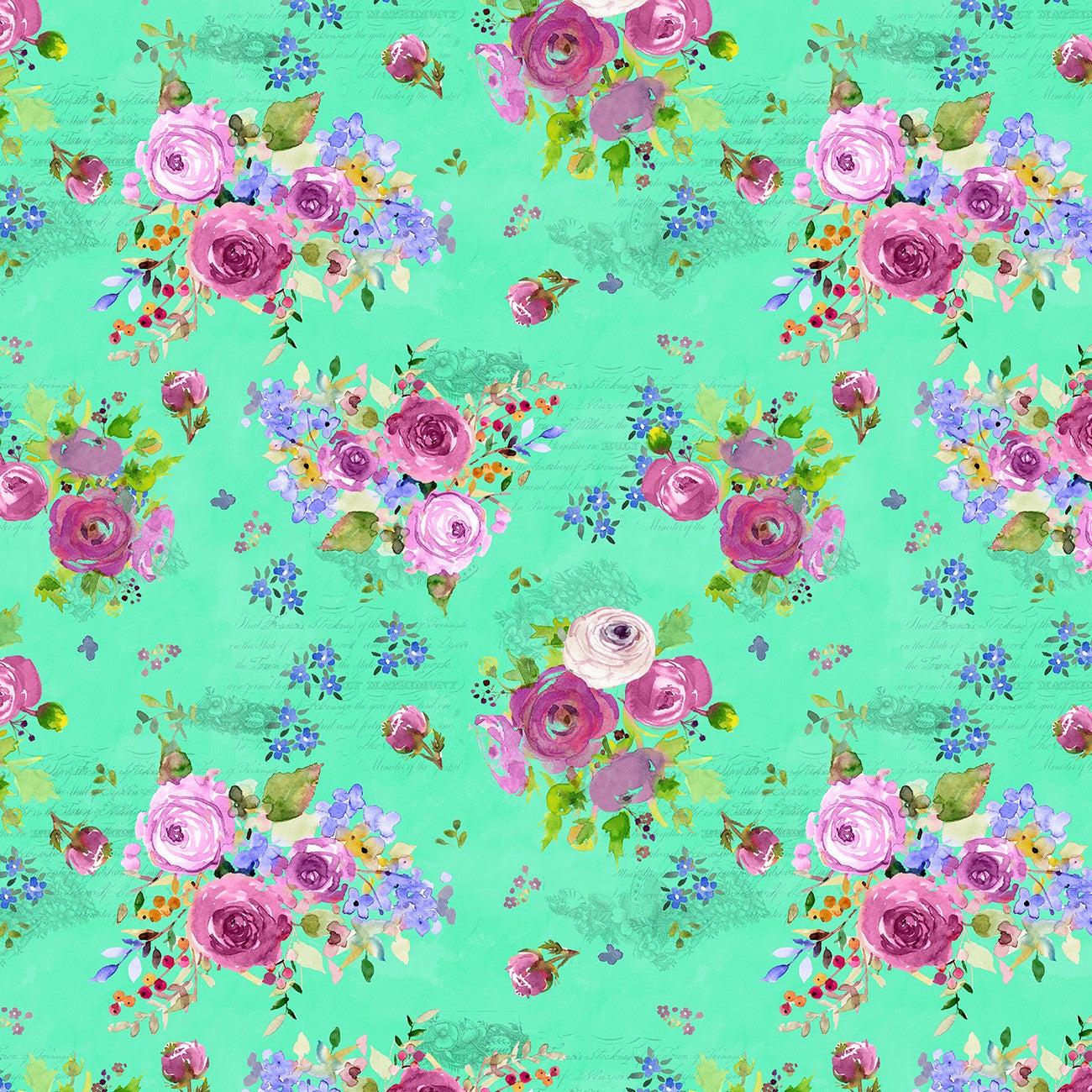 Feathered Friends Light Emerald Floral Bouquet Digital Fabric