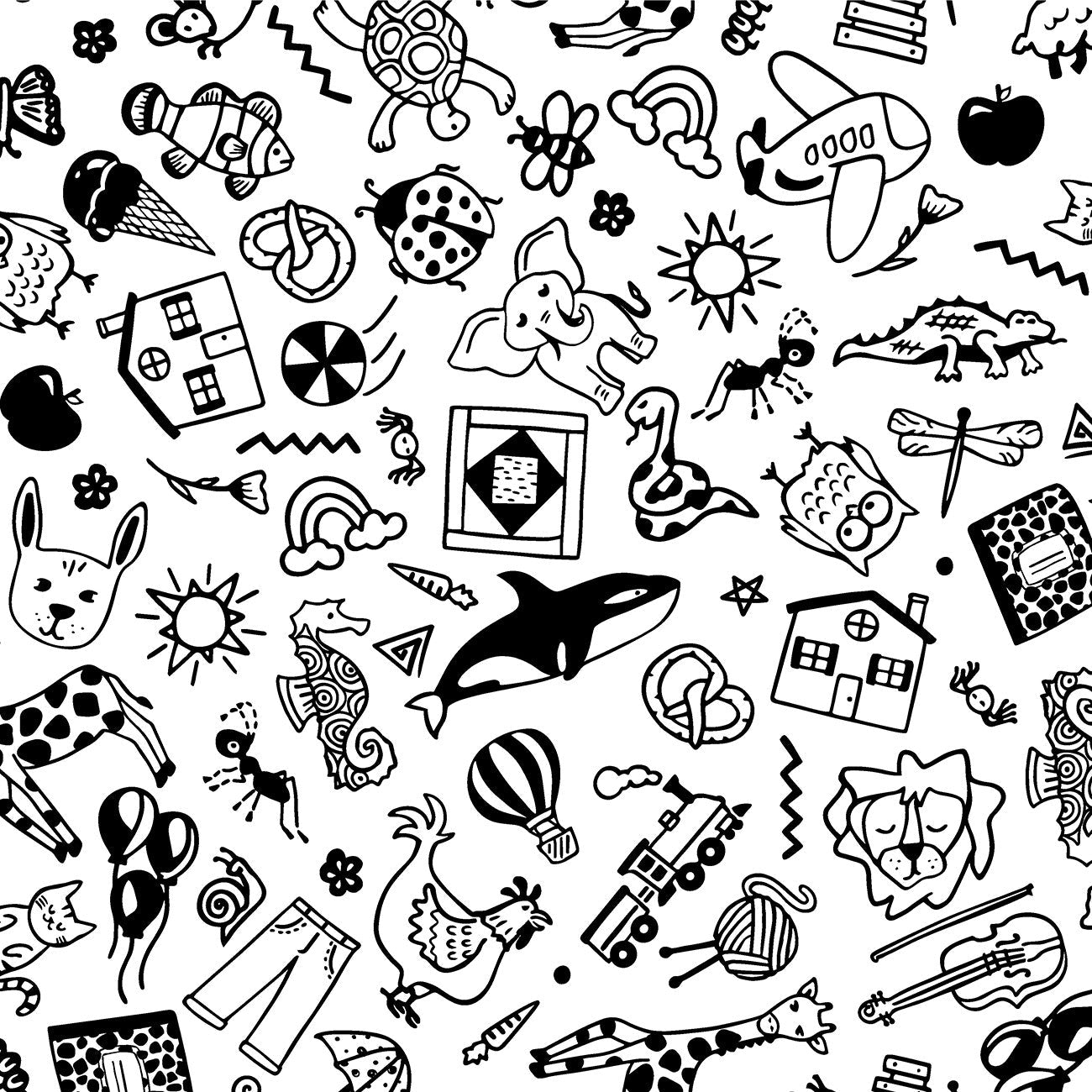 First Look White Whimsical Toy Print Fabric