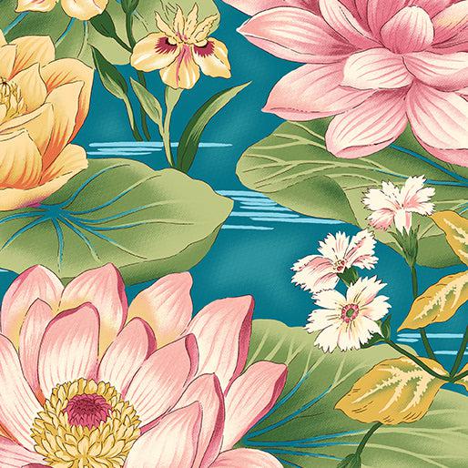 Flower Festival 2 Water Lillies Teal Fabric-Benartex Fabrics-My Favorite Quilt Store