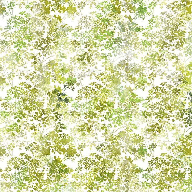 Garden of Dreams Green Fern on White Fabric