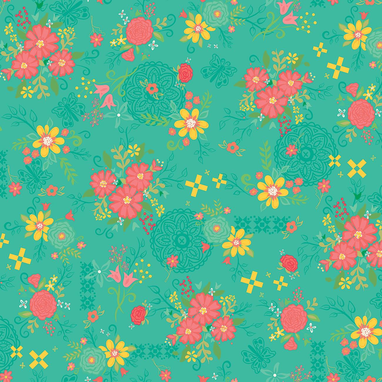 Gingham Cottage Seaglass Floral Main Fabric-Riley Blake Fabrics-My Favorite Quilt Store