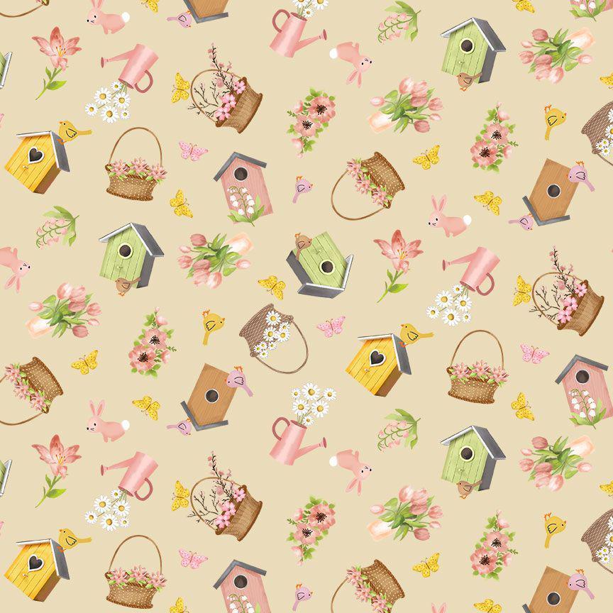 Gnome Grown Beige Floral Birdhouse Fabric-Timeless Treasures-My Favorite Quilt Store