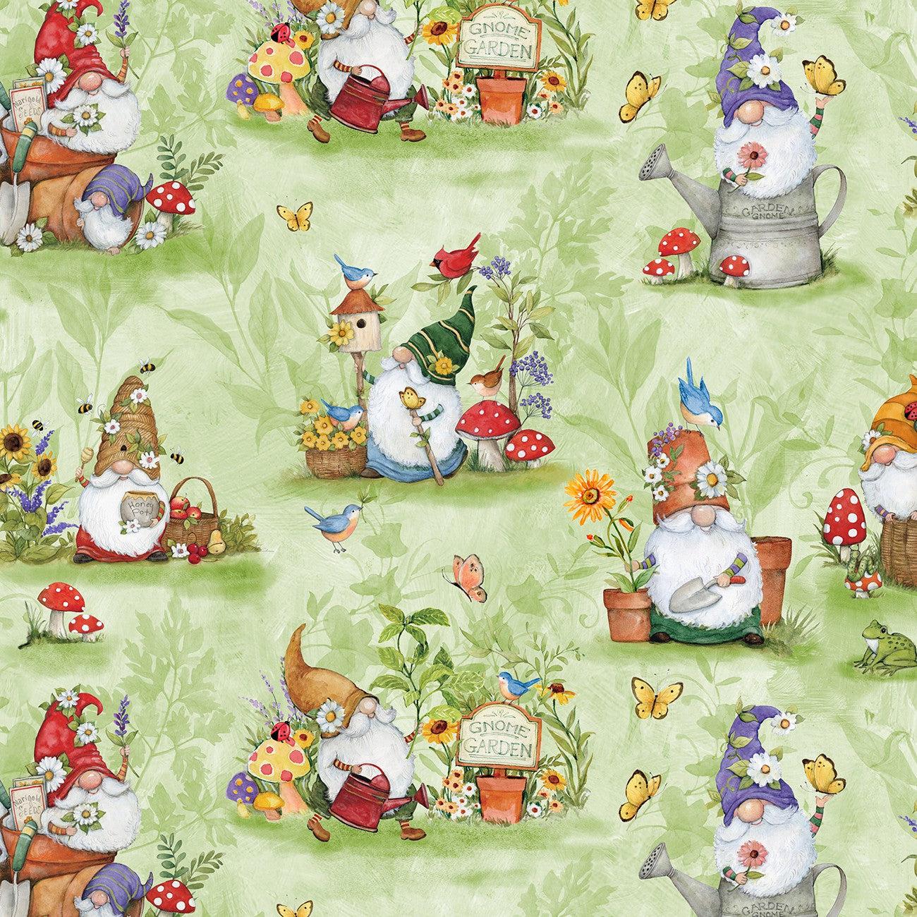 Gnome and Garden Green Gnomes All Over Fabric-Wilmington Prints-My Favorite Quilt Store