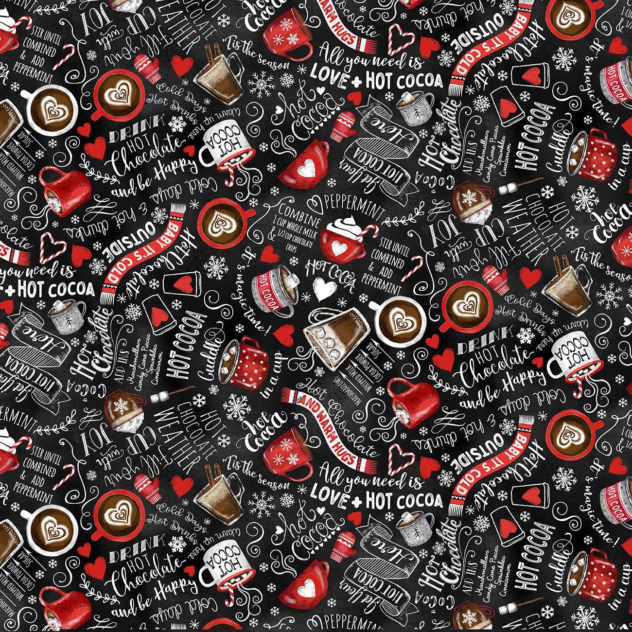 Gnome for the Holidays Black Hot Chocolate Winter Drinks Fabric