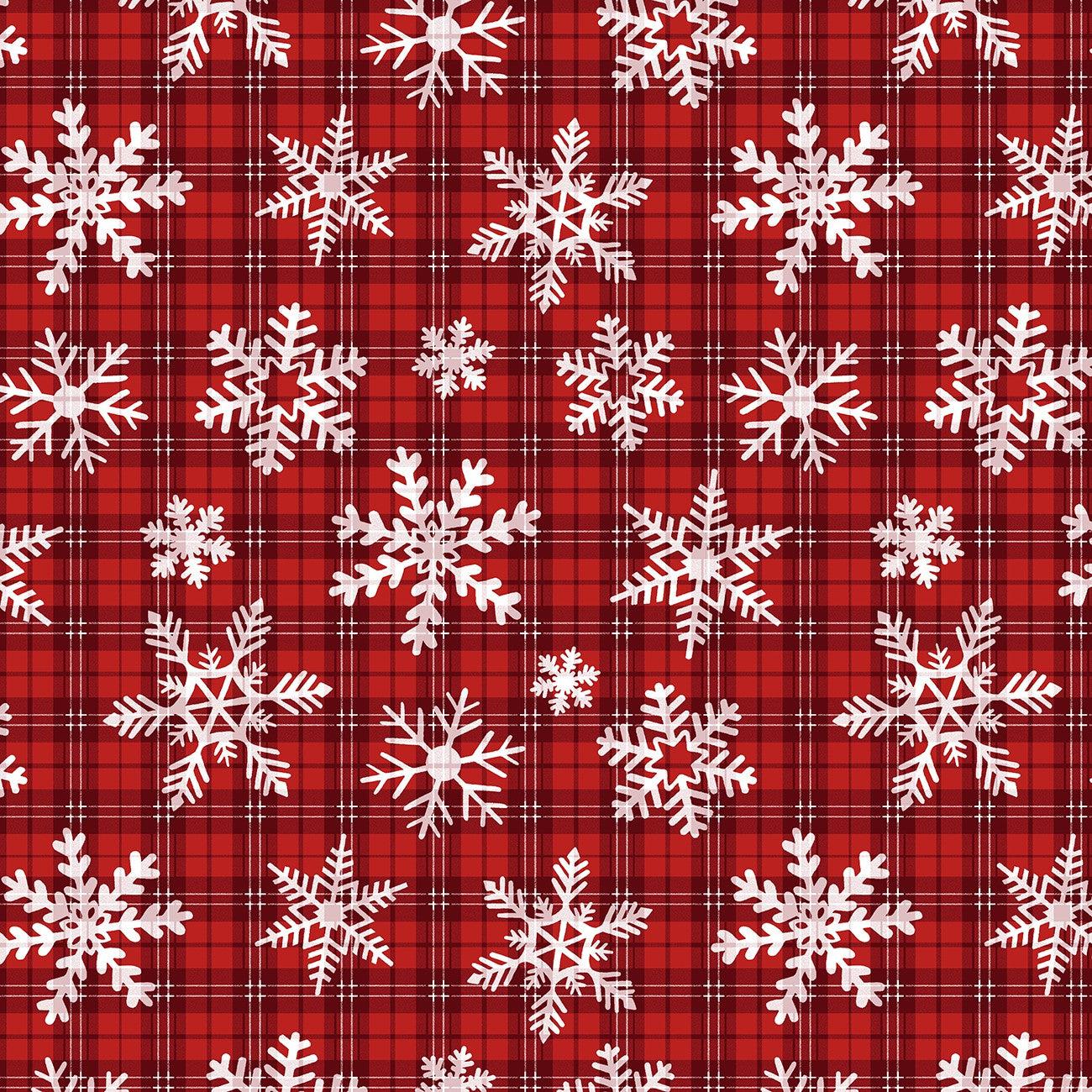 Gnome for the Holidays Red Snowflakes On Plaid Fabric