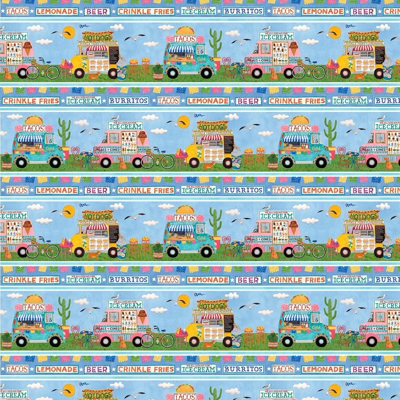 Gourmet to Go Blue Large Food Truck Stripe Fabric
