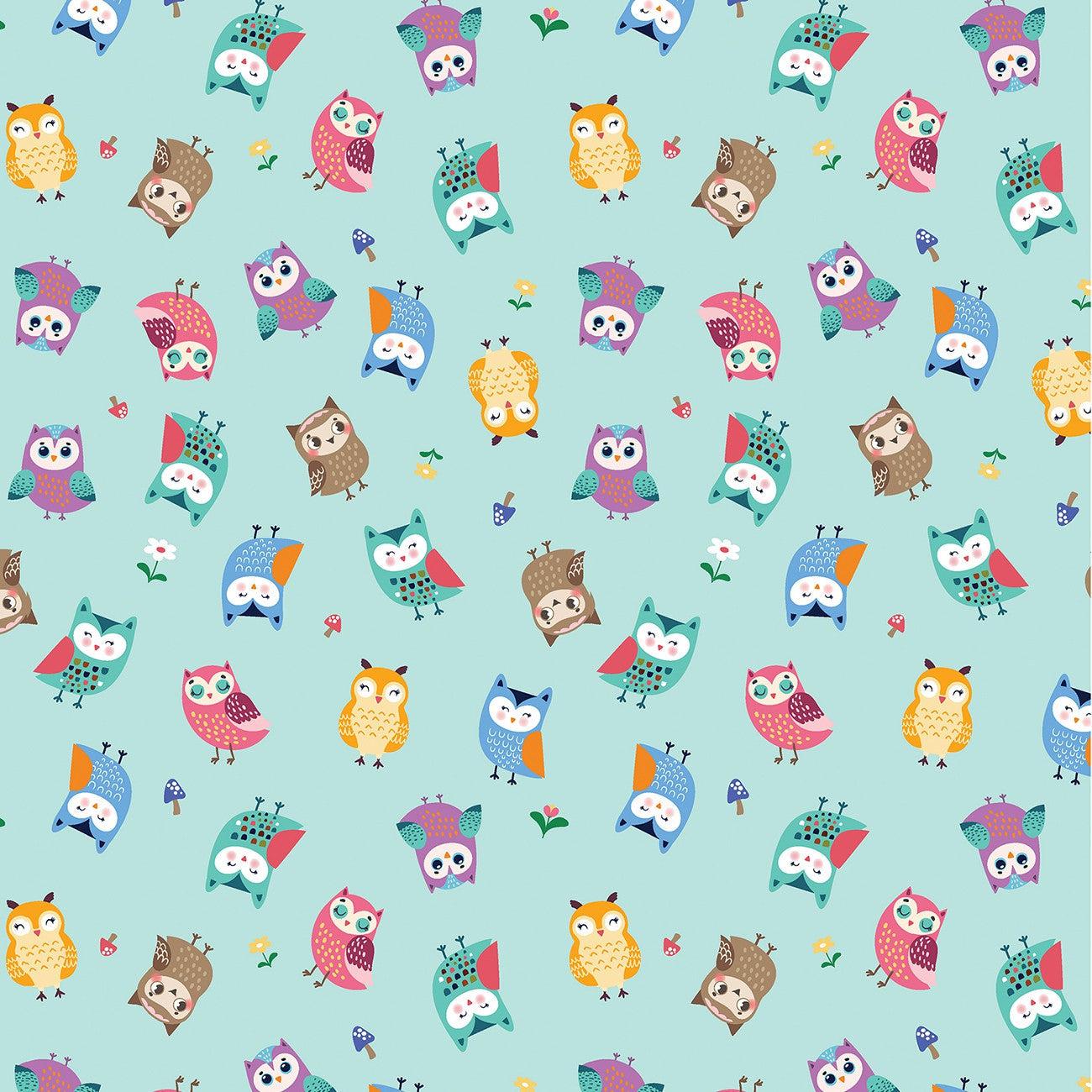 Happy Camper Light Aqua Woodland Owls Fabric-Benartex Fabrics-My Favorite Quilt Store