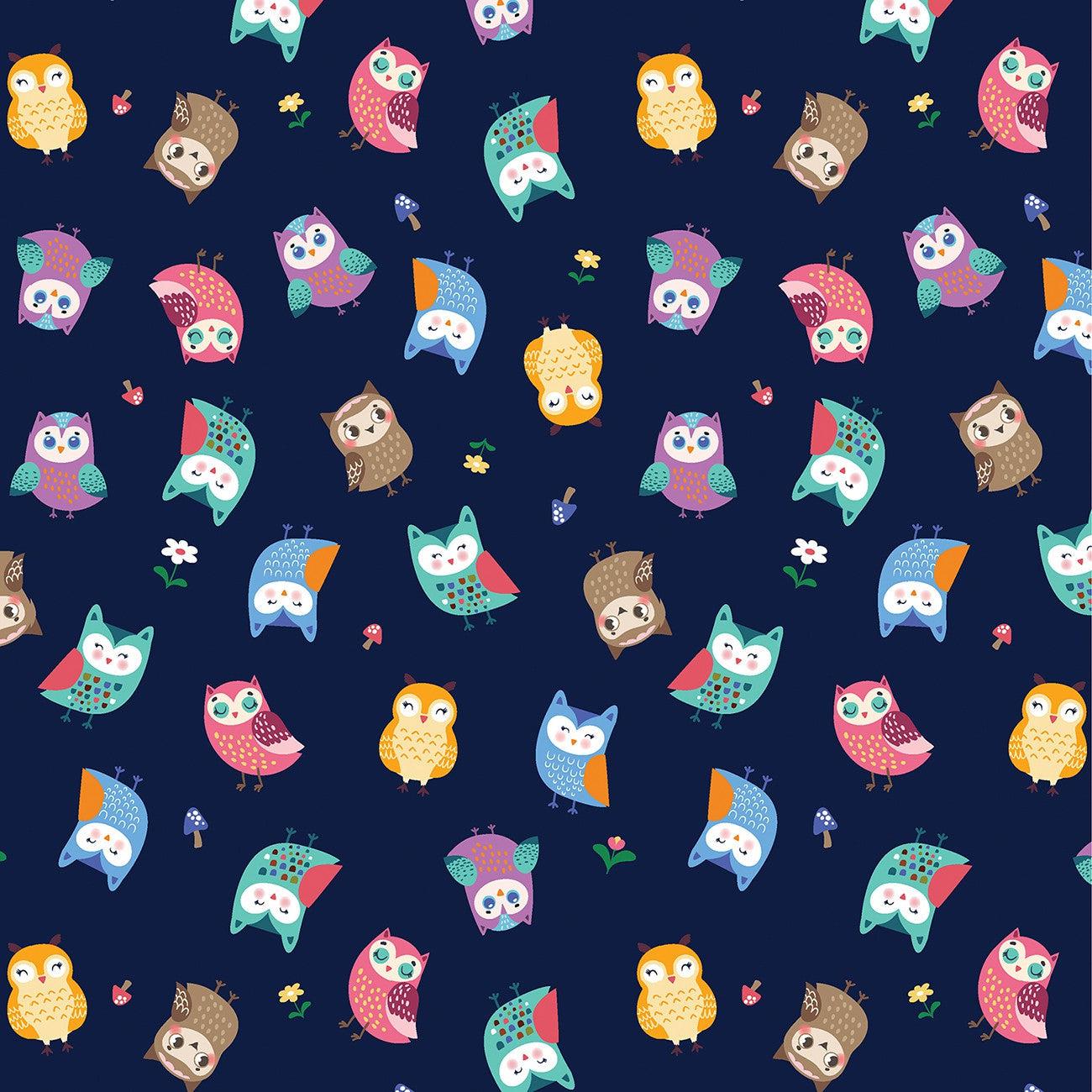 Happy Camper Navy Woodland Owls Fabric