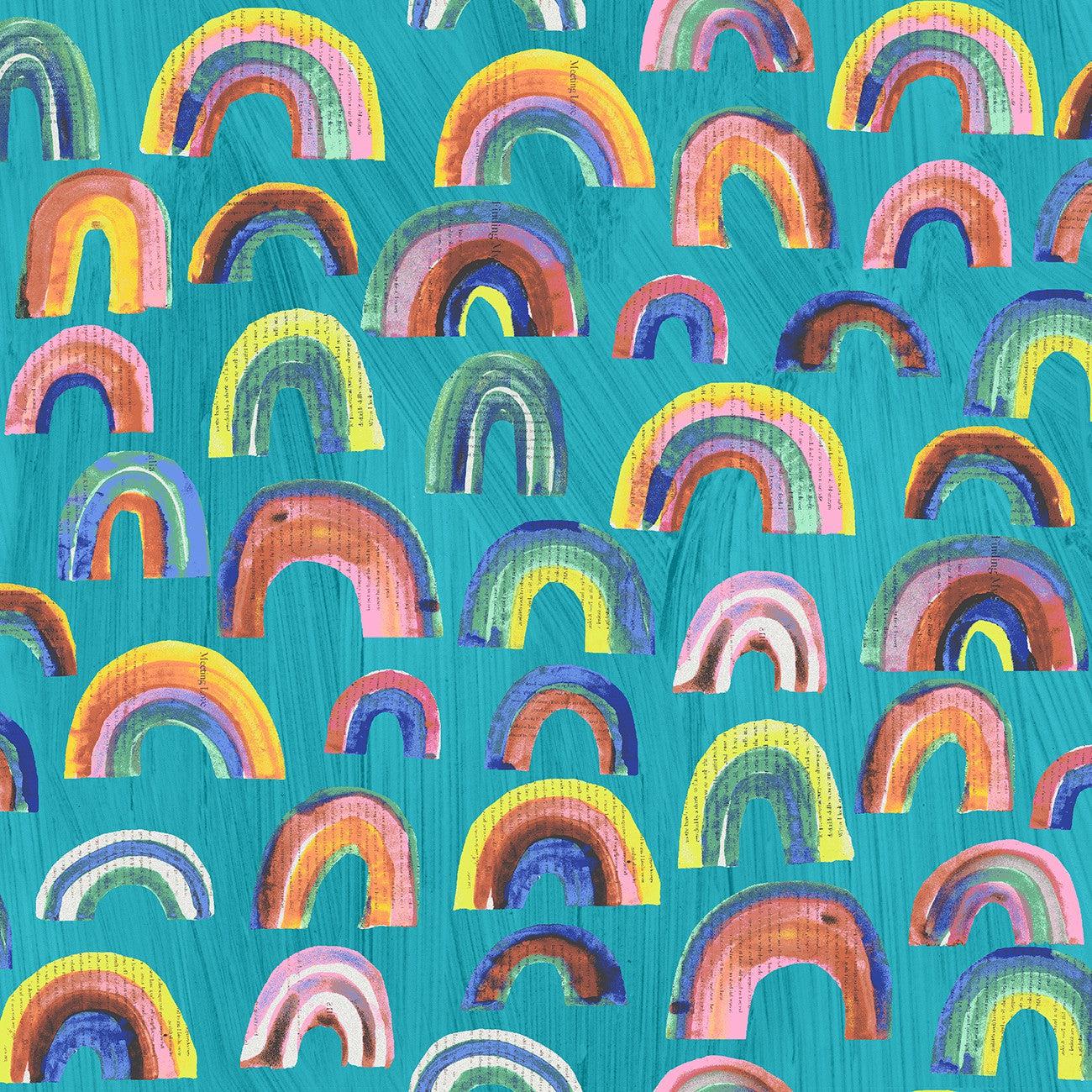 Happy Turquoise Paper Rainbows Fabric