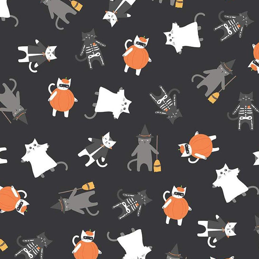 Hey Bootiful Glow in the Dark Charcoal Trick or Treat Cats Fabric