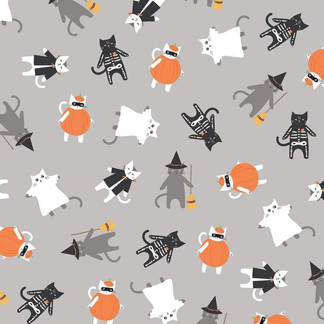 Hey Bootiful Glow in the Dark Gray Trick or Treat Cats Fabric