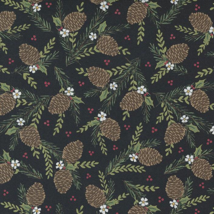 Holly Berry Tree Farm Black Pinecones Fabric