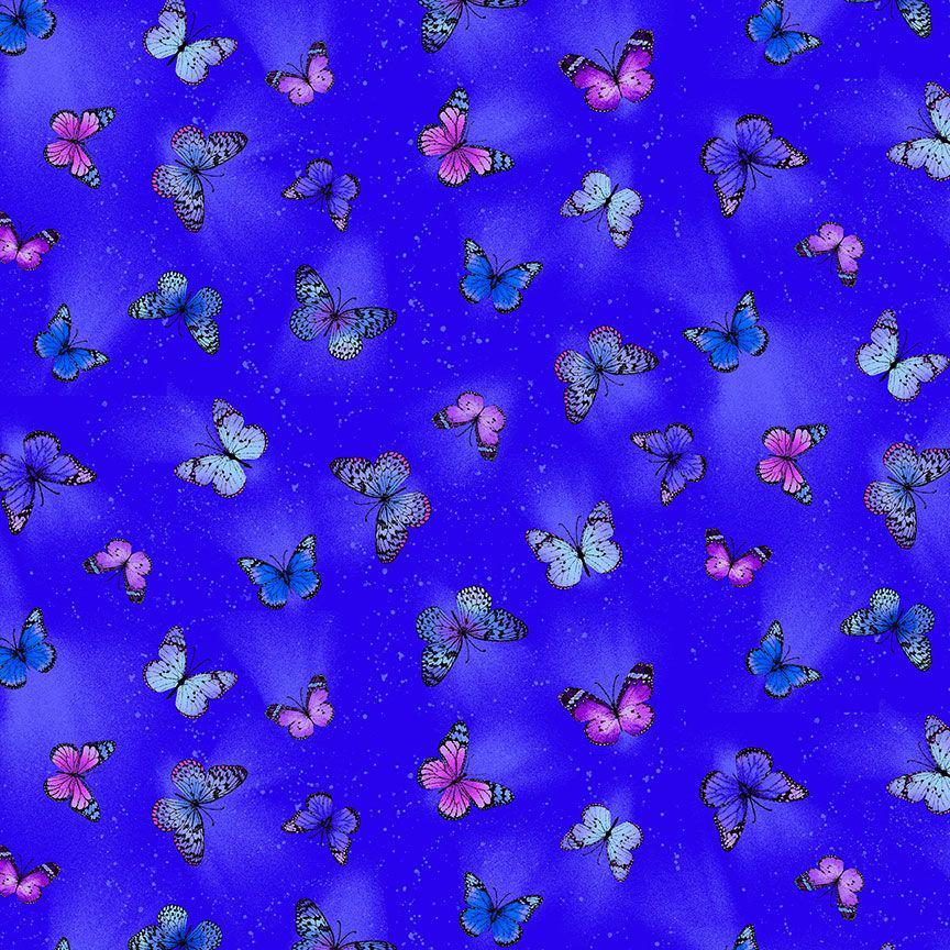 Hydrangea Bliss Blue Tossed Flying Butterflies Fabric