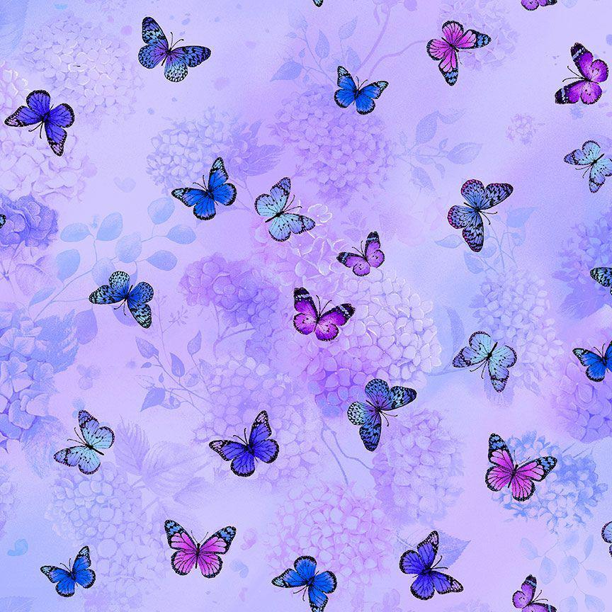 Hydrangea Bliss Purple Tossed Flying Butterflies Fabric