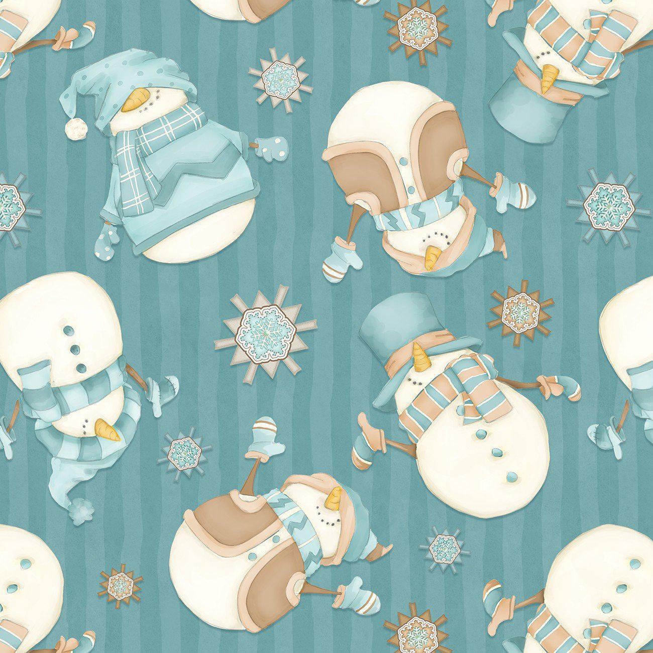 I Love Sn'Gnomies Dark Aqua Tossed Snowmen Flannel Fabric