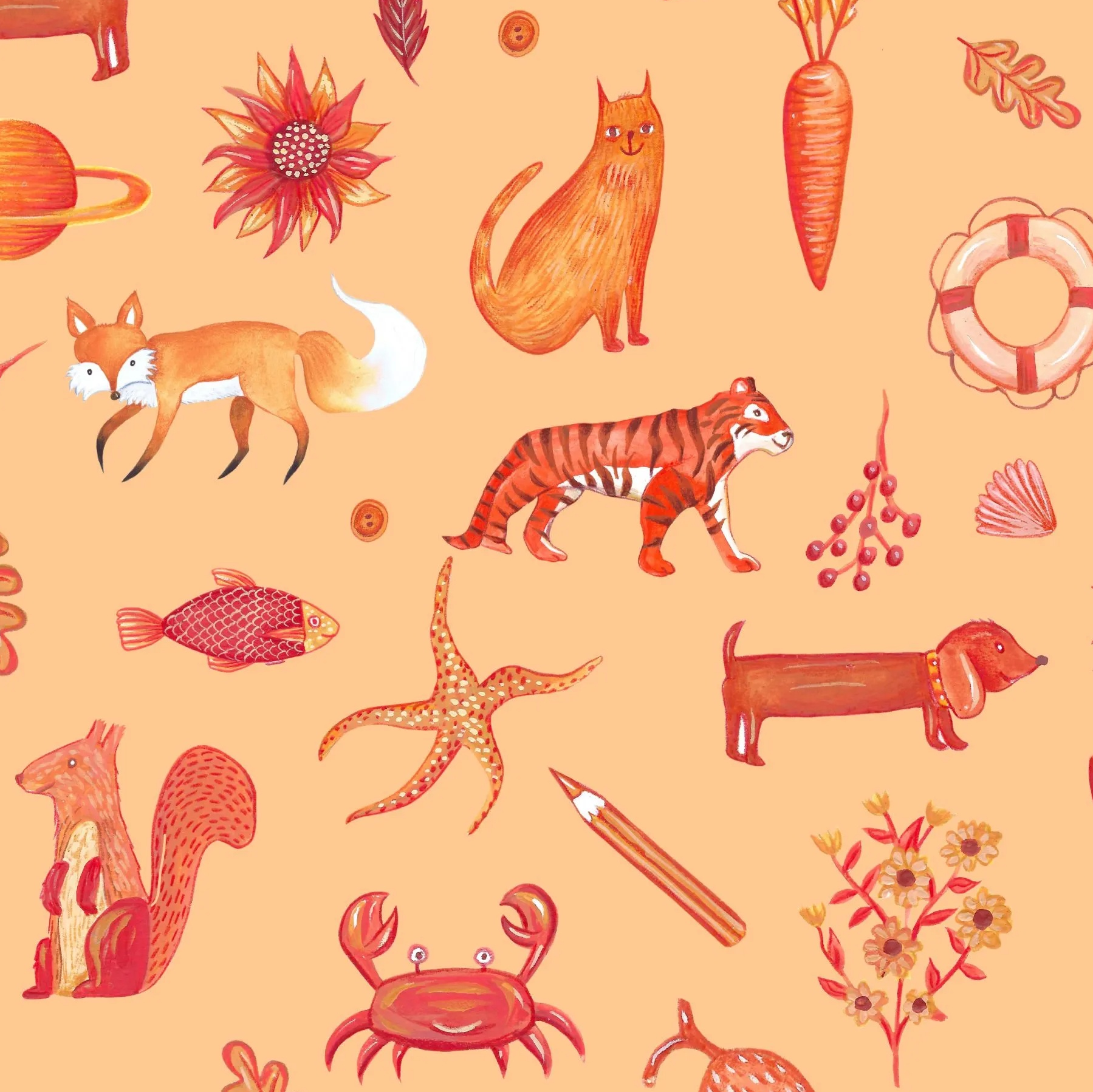 Jennie Orange Objects Digital Fabric-Lewis & Irene-My Favorite Quilt Store