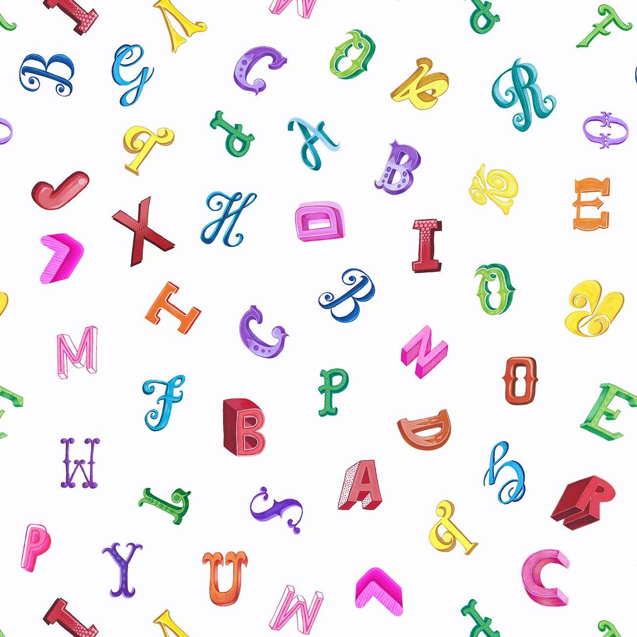 Jennie White Tossed Alphabet Digital Fabric