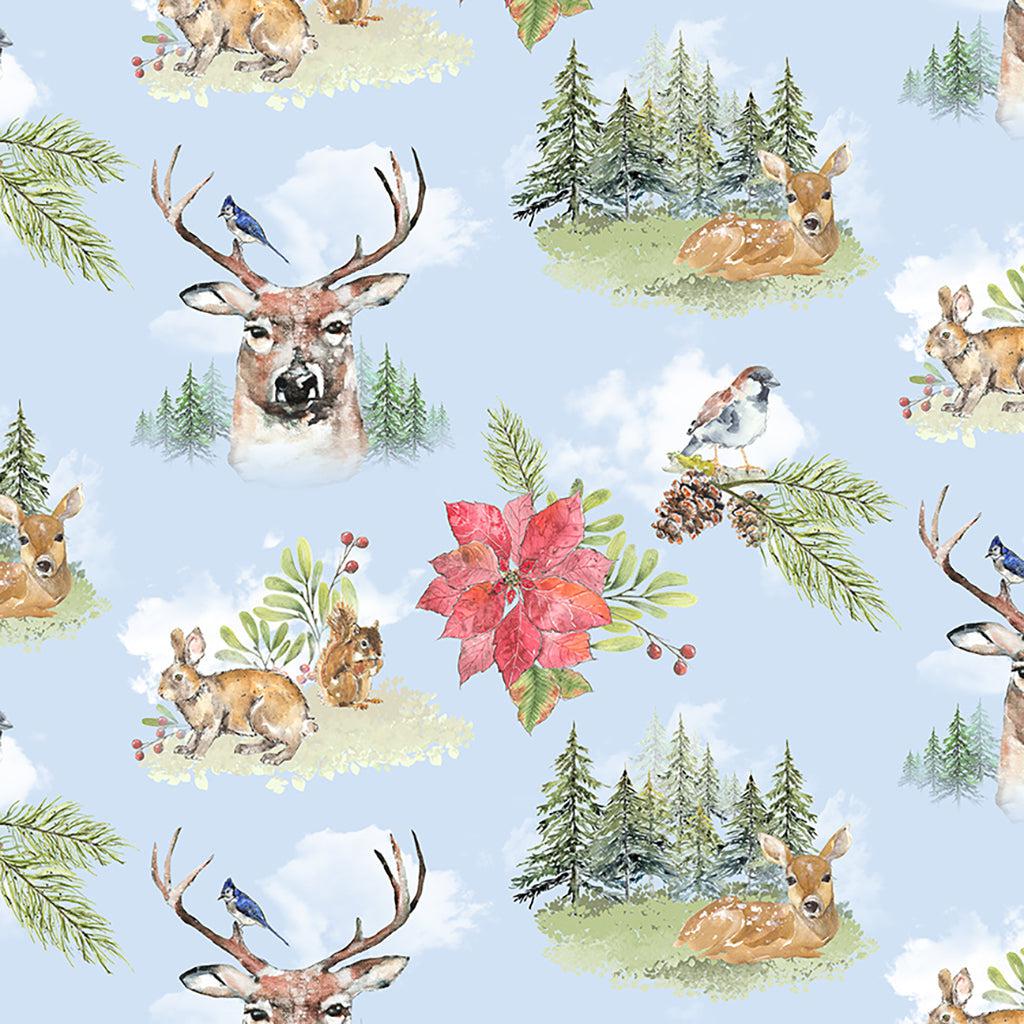 Joyful Winter Light Blue Forest Animal Toile  Digital Fabric