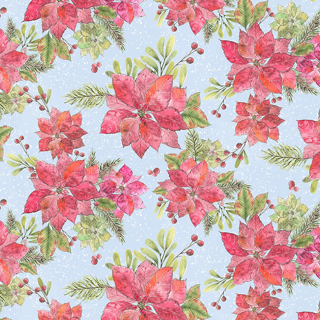 Joyful Winter Light Blue Poinsettias Digital Fabric