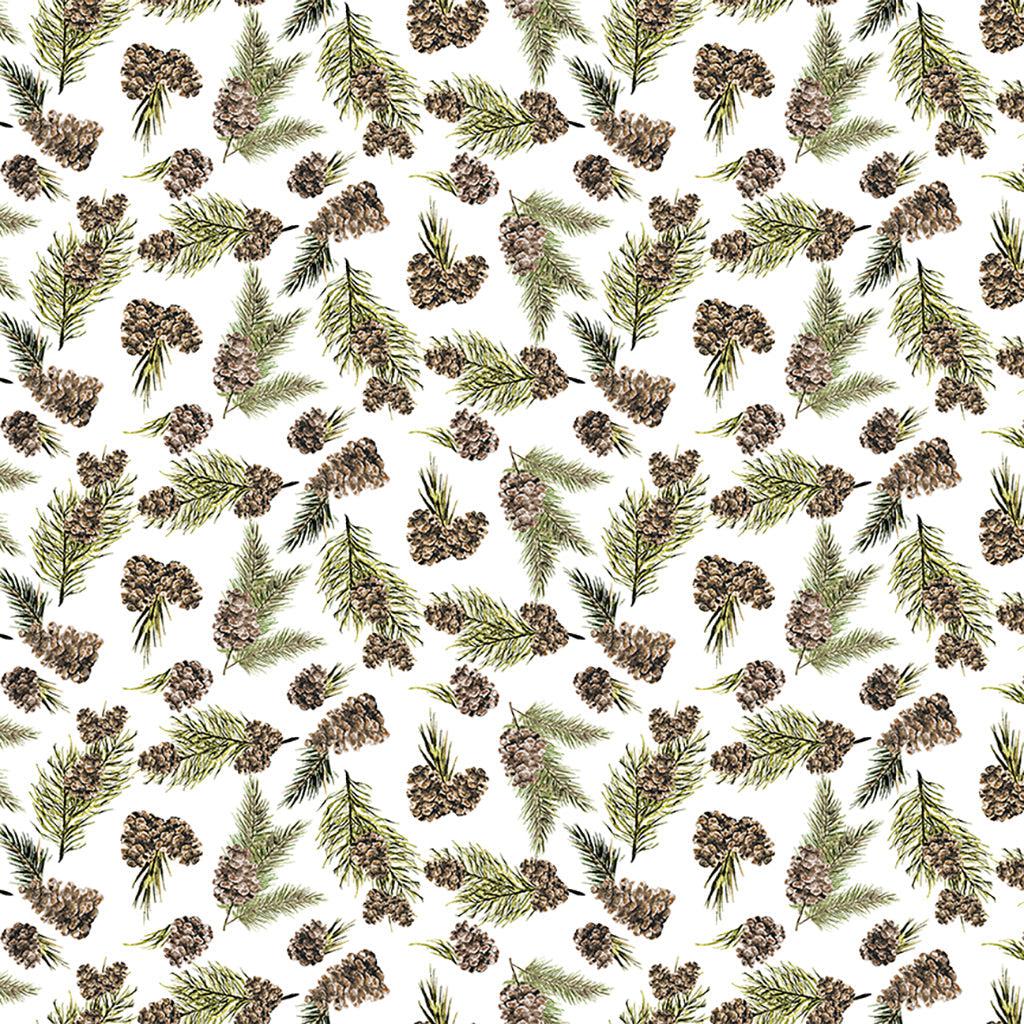 Joyful Winter White Tossed Pinecones Digital Fabric