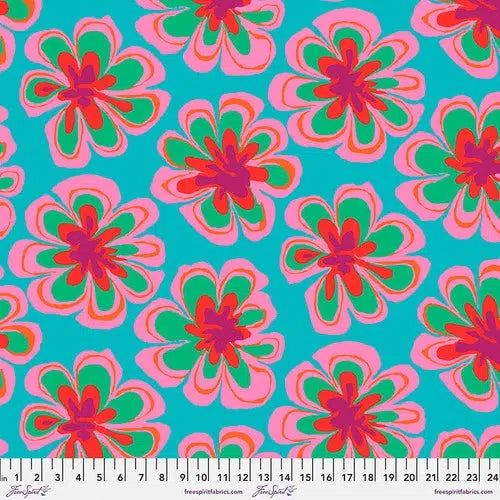 Kaffe Fassett Collective Feb 2023 Funky Flora Aqua Fabric-Free Spirit Fabrics-My Favorite Quilt Store