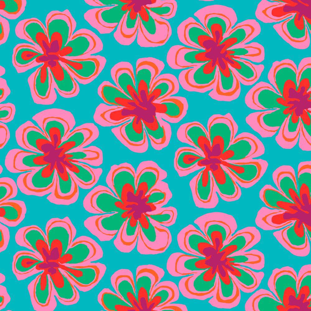 Kaffe Fassett Collective Feb 2023 Funky Flora Aqua Fabric-Free Spirit Fabrics-My Favorite Quilt Store